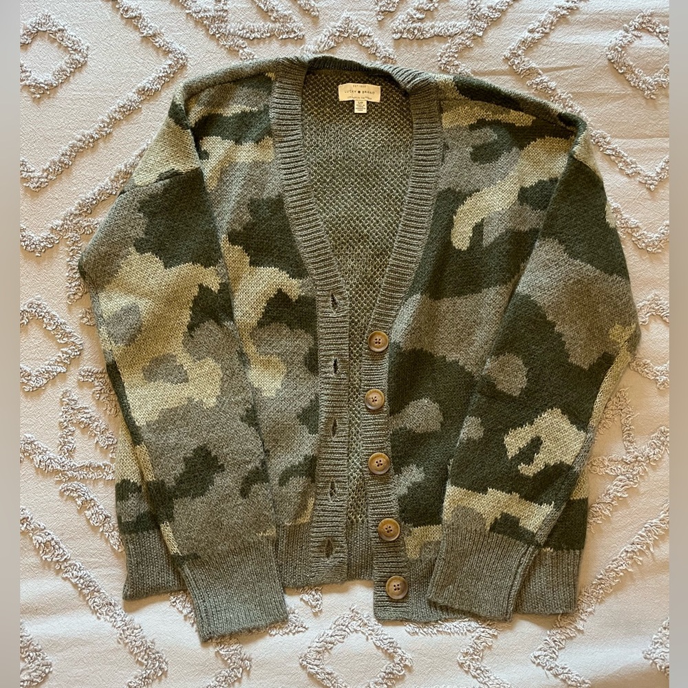 Camo print cardigan sweater